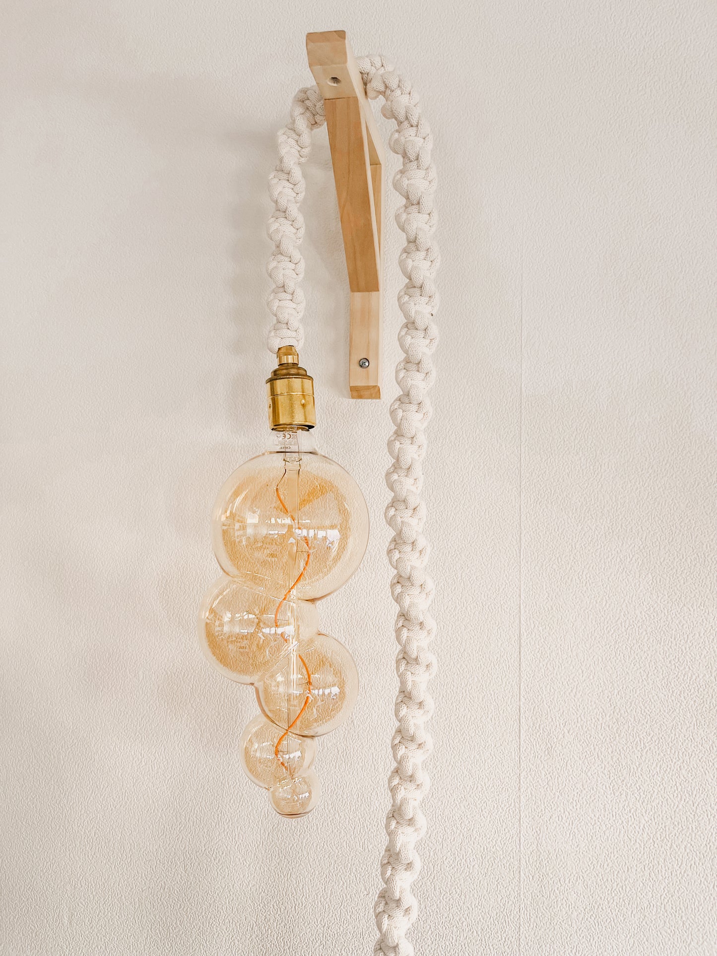 COMPLETE macrame rope light with bobble light and wooden wall hook